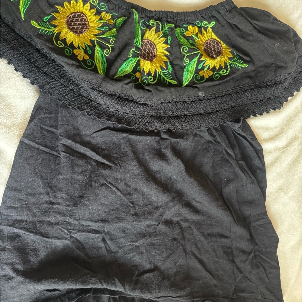Black Off-Shoulder Top with Sunflower Embroidery